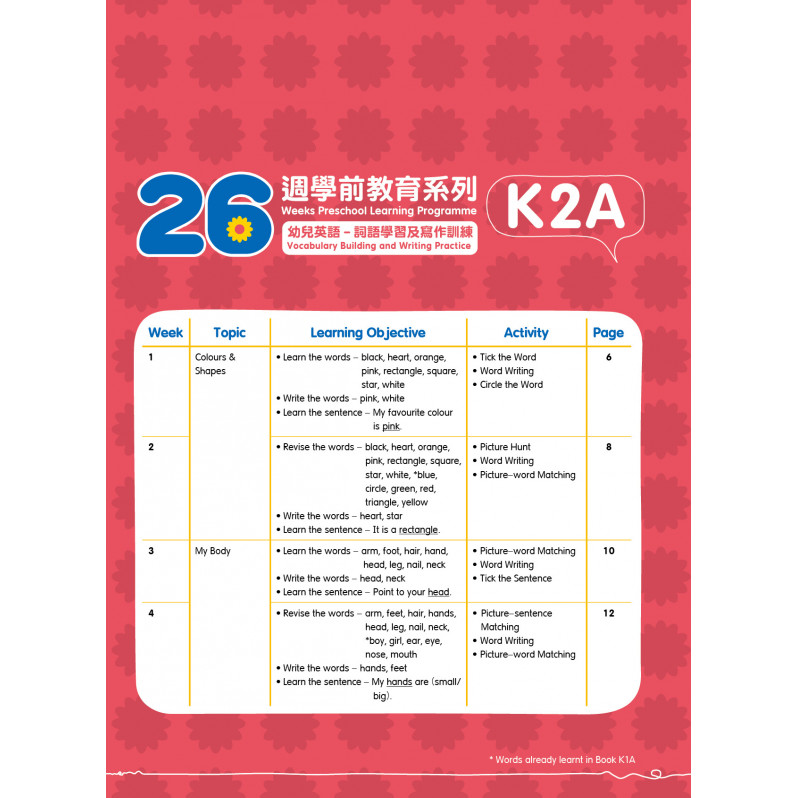 【多買多折】26週學前教育系列：幼兒英語 - 詞語學習及寫作訓練 K2A